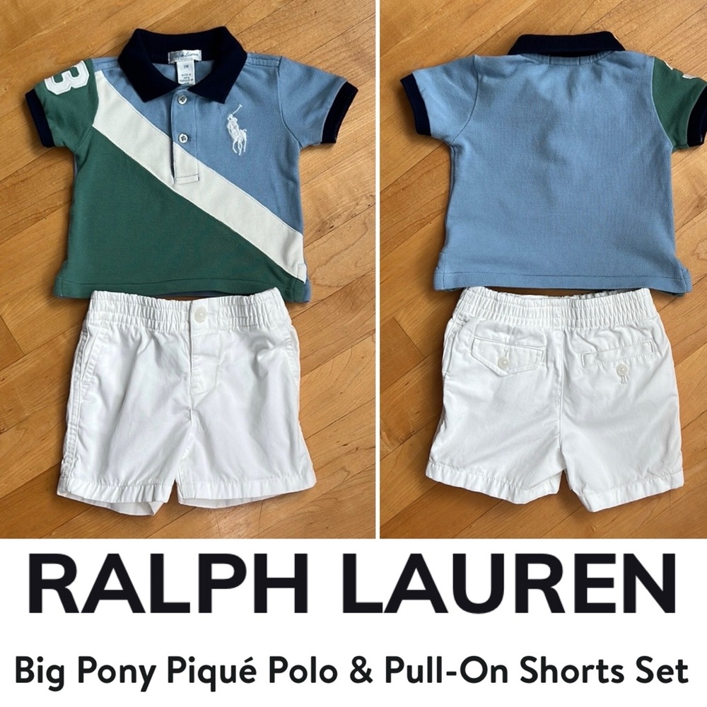 🏇BIG PONY Set | Ralph Lauren Blue & Green Color Block Polo Shirt + White Shorts
